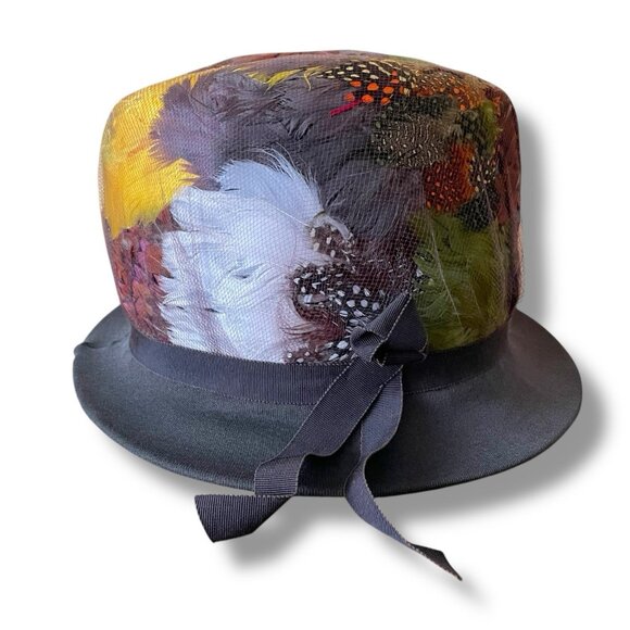 Vintage 1960s Womens Pheasant Feather Hat Angel Designs Brown Wool Dress Toque - Picture 3 of 16